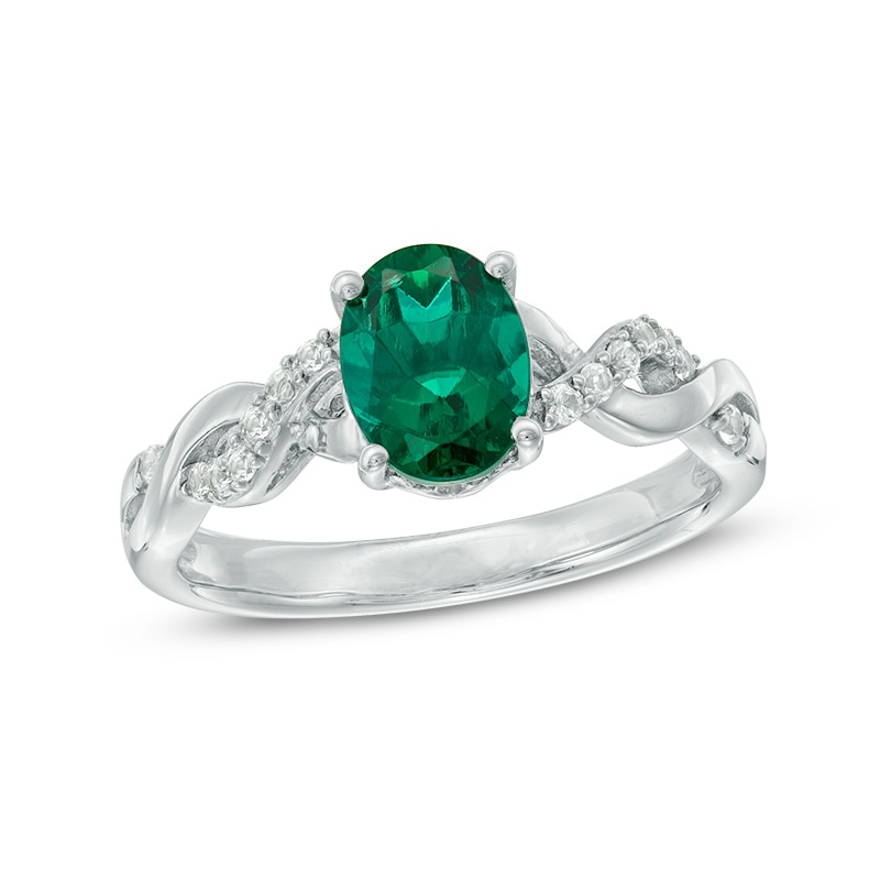 Main Image 1 of Oval Lab-Created Emerald and White Sapphire Twist Ring in Sterling Silver