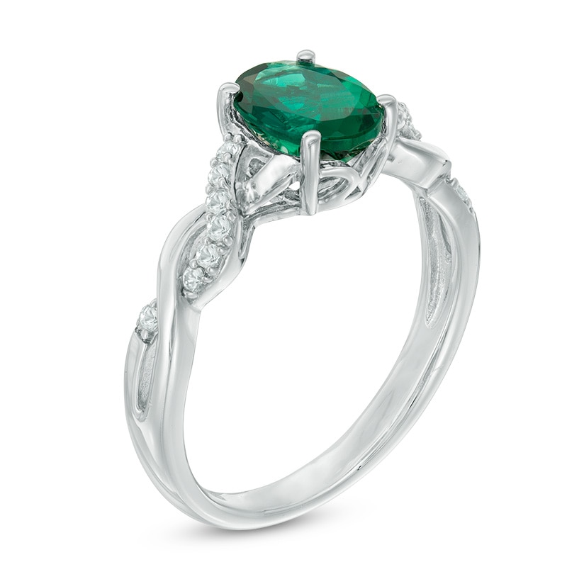 Main Image 2 of Oval Lab-Created Emerald and White Sapphire Twist Ring in Sterling Silver