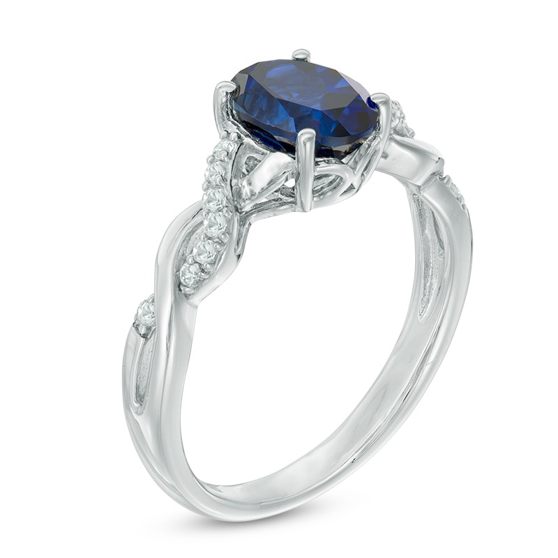 Oval Lab-Created Blue and White Sapphire Twist Ring in Sterling Silver