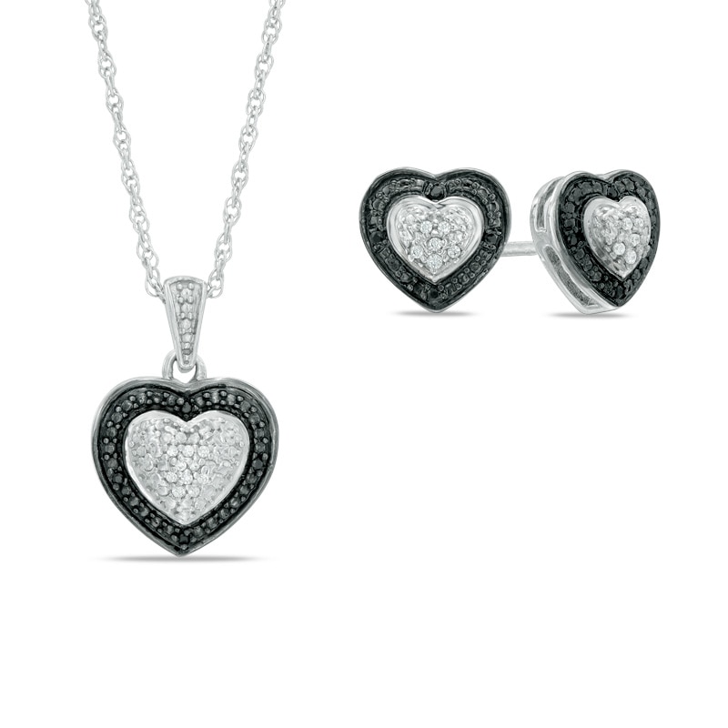 Main Image 1 of 1/15 CT. T.W. Enhanced Black and White Diamond Heart-Shaped Pendant and Stud Earrings Set in Sterling Silver
