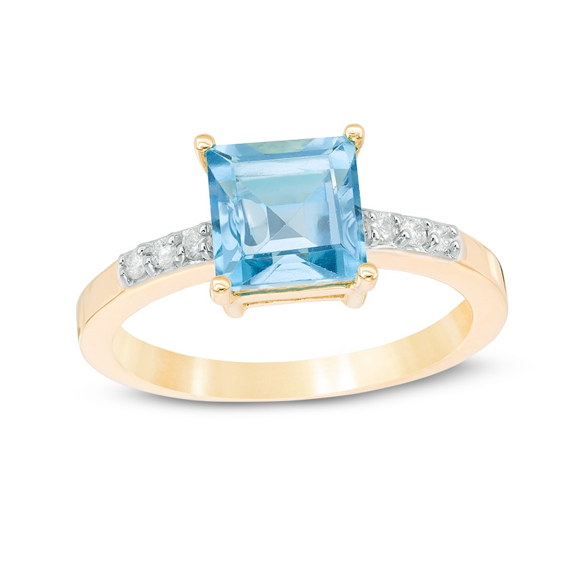 7.0mm Princess-Cut Blue Topaz and 1/10 CT. T.W. Diamond Ring in 14K Gold