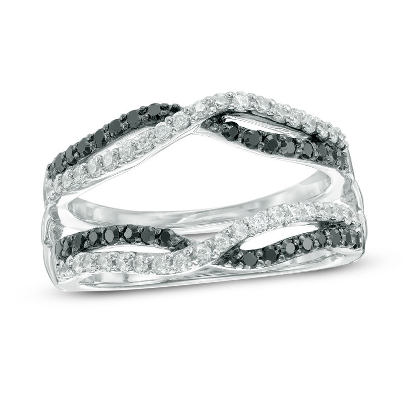 Main Image 1 of 1/2 CT. T.W. Black and White Diamond Crossover Solitaire Enhancer in 10K White Gold