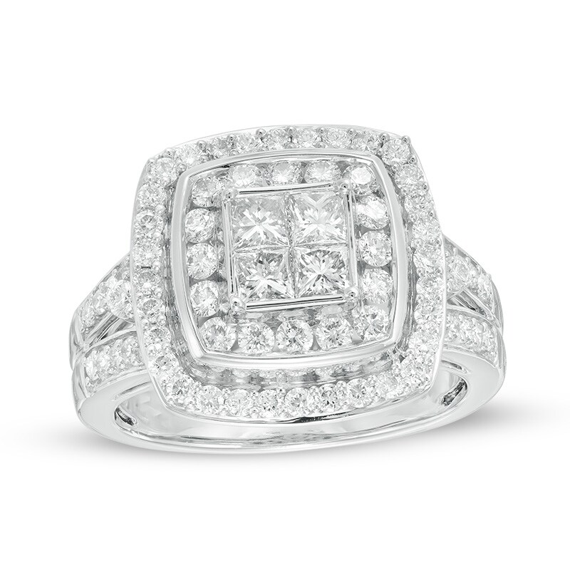 Main Image 1 of 1-1/2 CT. T.W. Quad Princess-Cut Diamond Double Frame Split Shank Engagement Ring in 14K White Gold