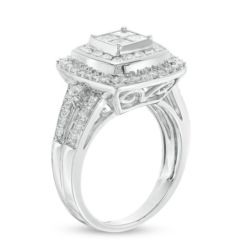 1-1/2 CT. T.W. Quad Princess-Cut Diamond Double Frame Split Shank Engagement Ring in 14K White Gold