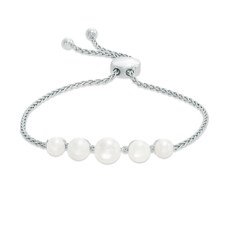 Main Image 1 of 5.0-7.0mm Freshwater Cultured Pearl Five Stone Bolo Bracelet in Sterling Silver-9.0"
