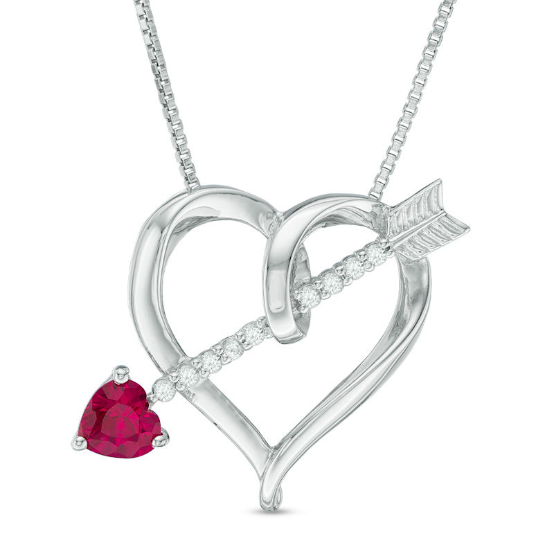 Main Image 1 of 5.0mm Lab-Created Ruby and White Topaz Heart with Arrow Pendant in Sterling Silver
