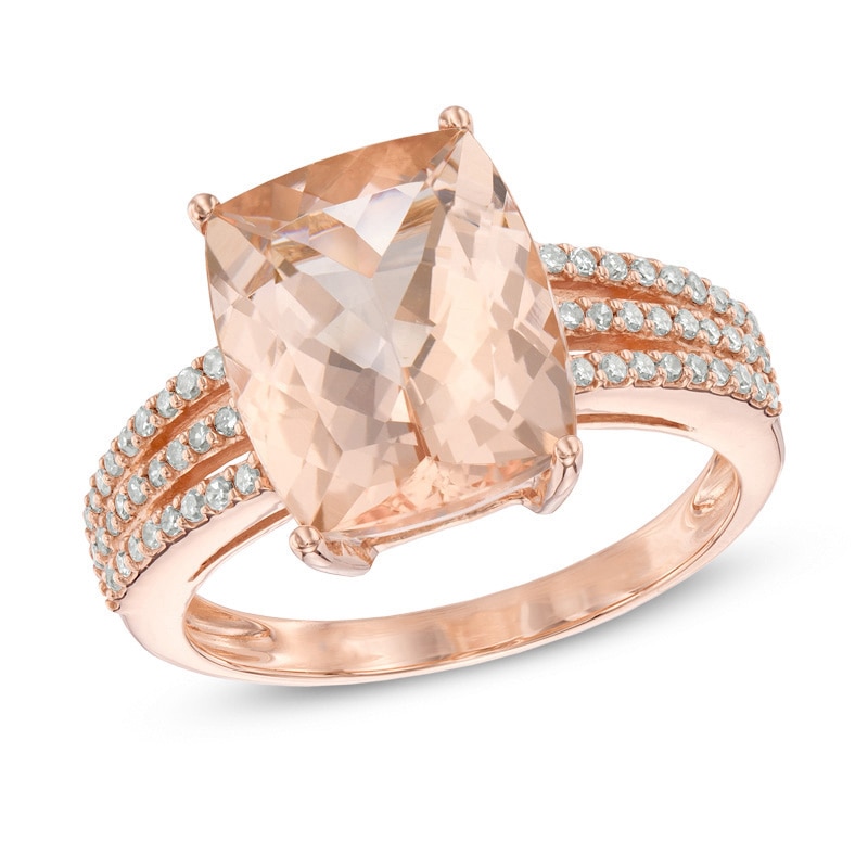 Main Image 1 of EFFY™ Collection Cushion-Cut Morganite and 1/4 CT. T.W. Diamond Ring in 14K Rose Gold