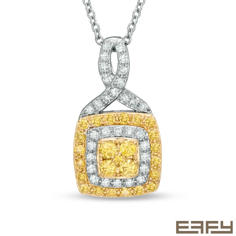 Main Image 1 of EFFY™ Collection 1/3 CT. T.W. Yellow and White Diamond Double Square Frame Pendant in 14K White Gold