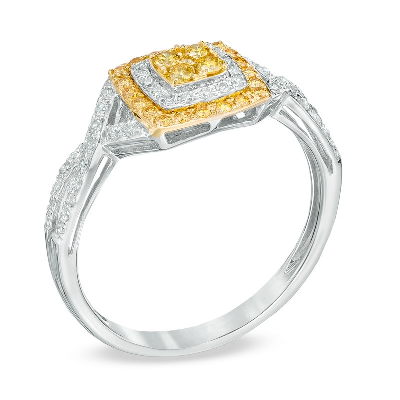 Main Image 2 of EFFY™ Collection 3/8 CT. T.W. Yellow and White Diamond Double Square Frame Ring in 14K White Gold