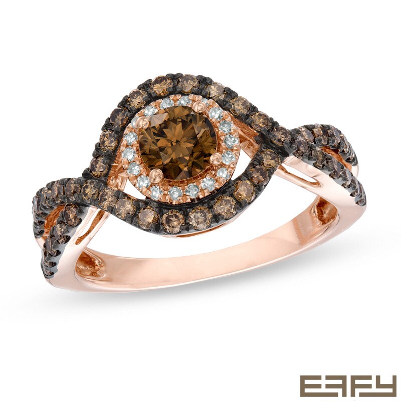 Main Image 1 of EFFY™ Collection 1 CT. T.W. Champagne and White Diamond Twist Frame Ring in 14K Rose Gold