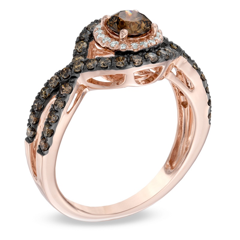 Main Image 2 of EFFY™ Collection 1 CT. T.W. Champagne and White Diamond Twist Frame Ring in 14K Rose Gold