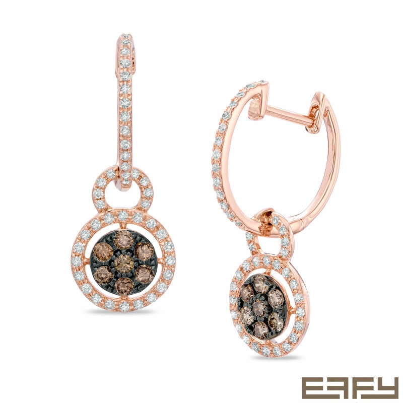 Main Image 1 of EFFY™ Collection 5/8 CT. T.W. Champagne and White Diamond Cluster Frame Drop Earrings in 14K Rose Gold