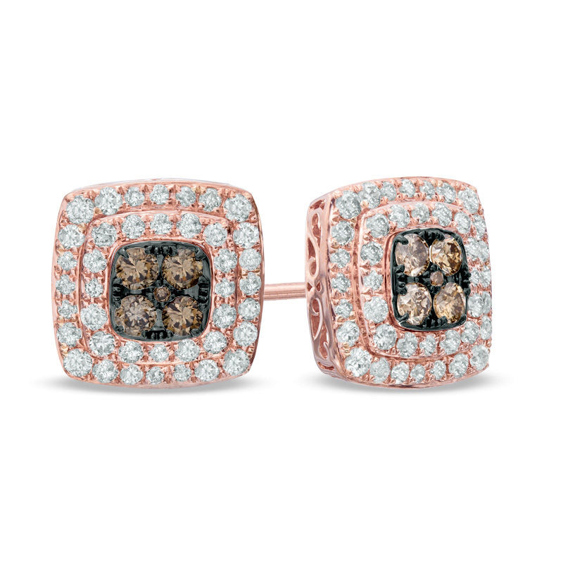 Main Image 1 of EFFY™ Collection 3/4 CT. T.W. Quad Champagne and White Diamond Double Frame Stud Earrings in 14K Rose Gold