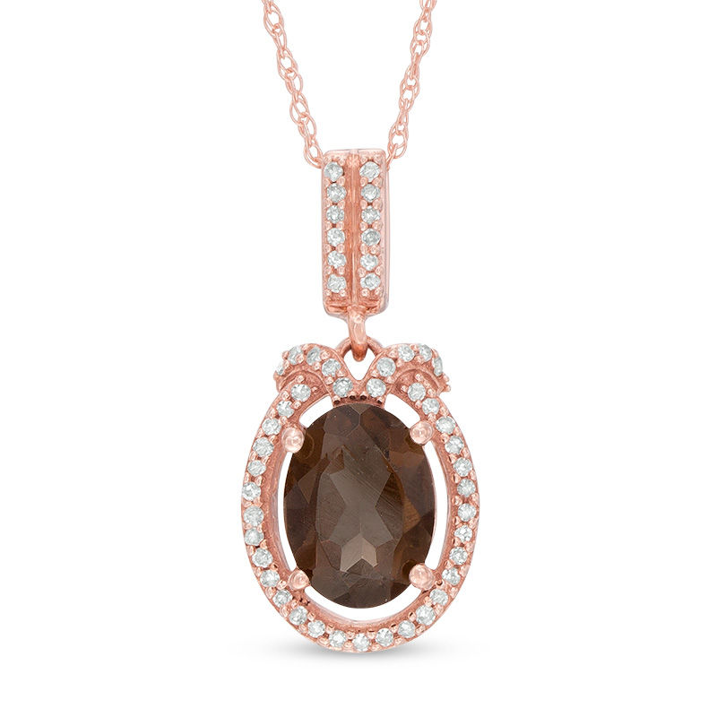Main Image 1 of Oval Smoky Quartz and 1/10 CT. T.W. Diamond Frame Pendant in 10K Rose Gold