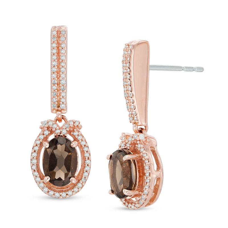 Oval Smoky Quartz and 1/5 CT. T.W. Diamond Frame Drop Earrings in 10K Rose Gold