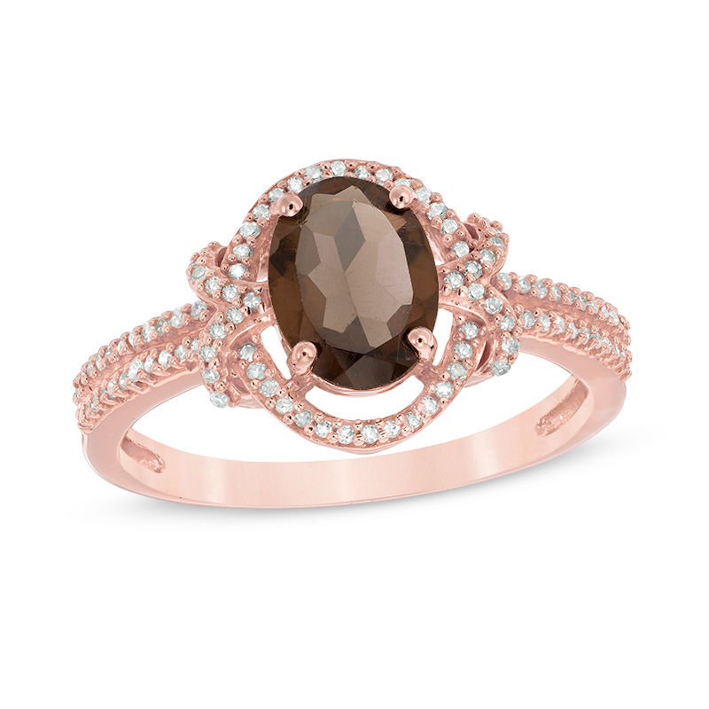 Oval Smoky Quartz and 1/6 CT. T.W. Diamond Frame Ring in 10K Rose Gold