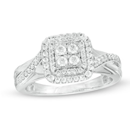 3/8 CT. T.W. Quad Diamond Double Square Frame Crossover Shank Engagement Ring in 10K White Gold