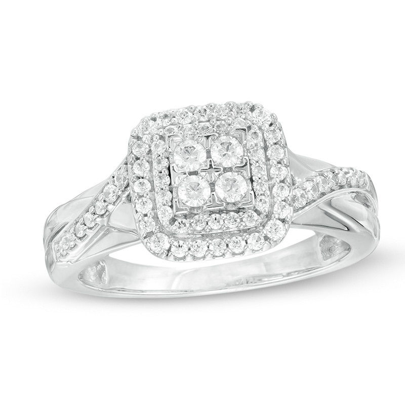 3/8 CT. T.W. Quad Diamond Double Square Frame Crossover Shank Engagement Ring in 10K White Gold