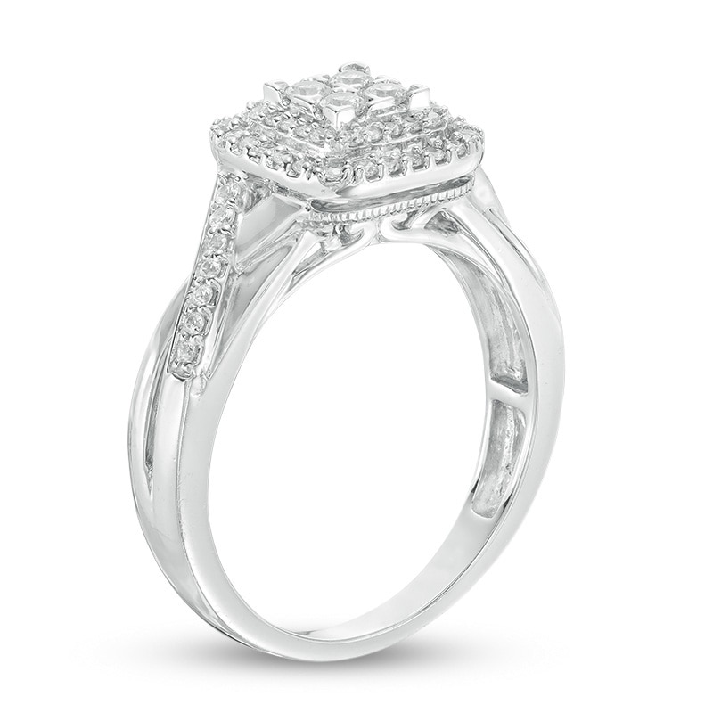 3/8 CT. T.W. Quad Diamond Double Square Frame Crossover Shank Engagement Ring in 10K White Gold