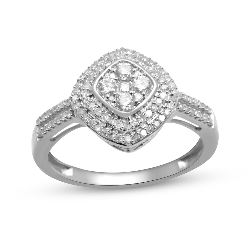 Main Image 1 of 1/2 CT. T.W. Cushion-Shaped Multi-Diamond Double Frame Tilted Ring in Sterling Silver