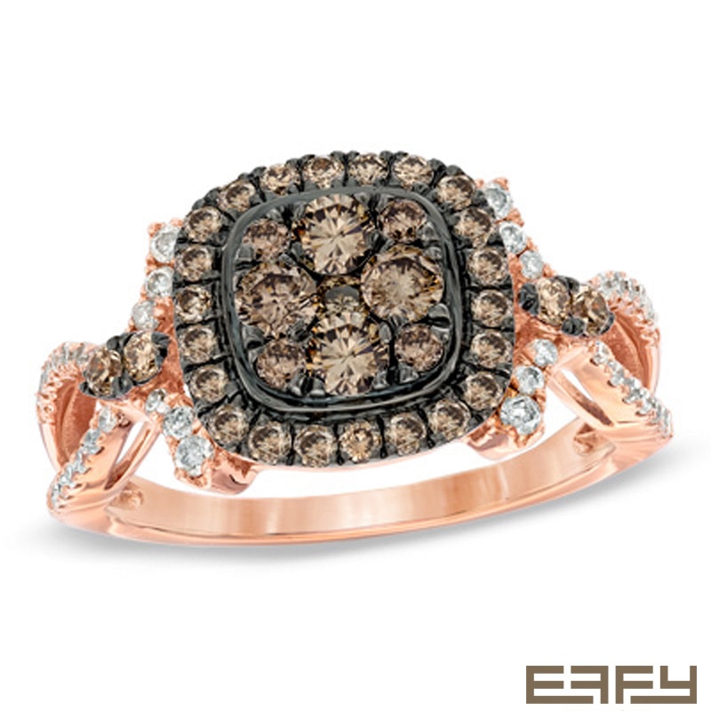 Main Image 1 of EFFY™ Collection 1 CT. T.W. Champagne and White Diamond Square Frame Split Shank Ring in 14K Rose Gold