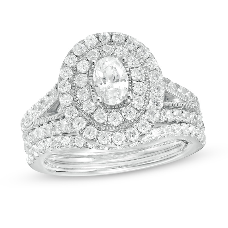 2 CT. T.W. Certified Oval Diamond Double Frame Vintage-Style Bridal Set in 14K White Gold (I/I1)