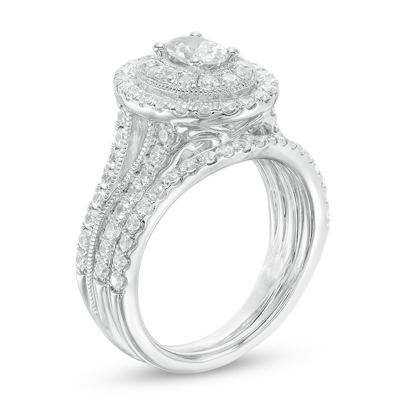 2 CT. T.W. Certified Oval Diamond Double Frame Vintage-Style Bridal Set in 14K White Gold (I/I1)