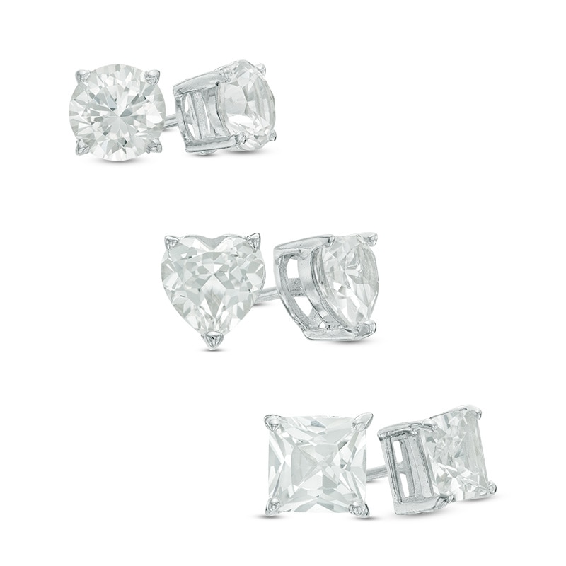 Main Image 1 of 6.0mm Lab-Created White Sapphire Three Pair Stud Earrings Set in Sterling Silver