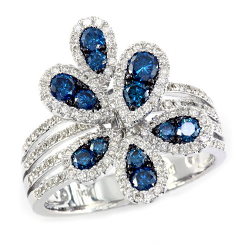 Main Image 1 of EFFY™ Collection 1 CT. T.W. Enhanced Blue and White Diamond Flower Ring in 14K White Gold