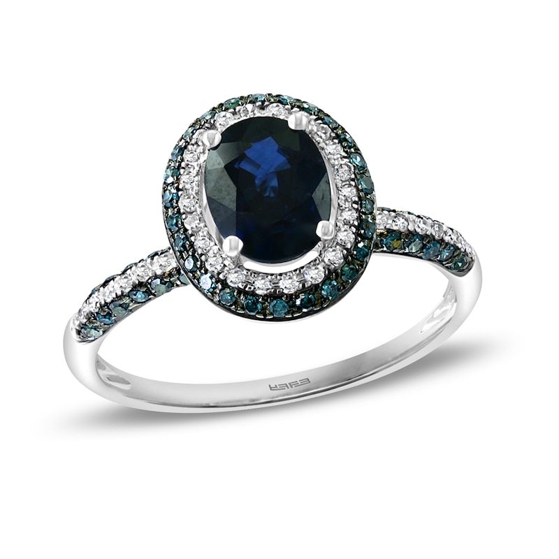 Main Image 1 of EFFY™ Collection Oval Ceylon Sapphire and 1/2 CT. T.W. Blue and White Diamond Double Frame Ring in 14K White Gold