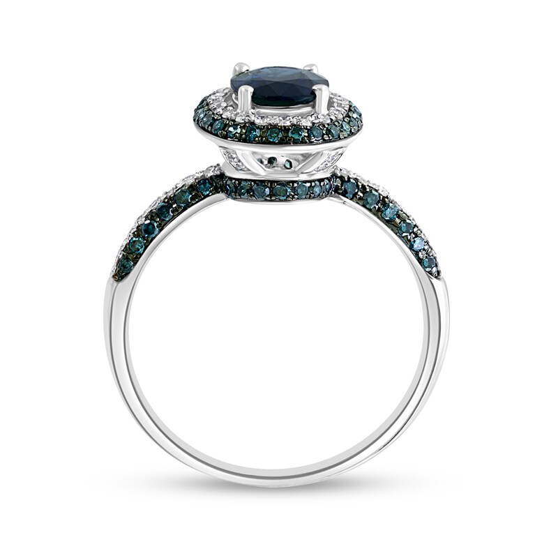 Main Image 3 of EFFY™ Collection Oval Ceylon Sapphire and 1/2 CT. T.W. Blue and White Diamond Double Frame Ring in 14K White Gold
