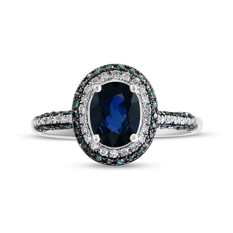 Main Image 4 of EFFY™ Collection Oval Ceylon Sapphire and 1/2 CT. T.W. Blue and White Diamond Double Frame Ring in 14K White Gold
