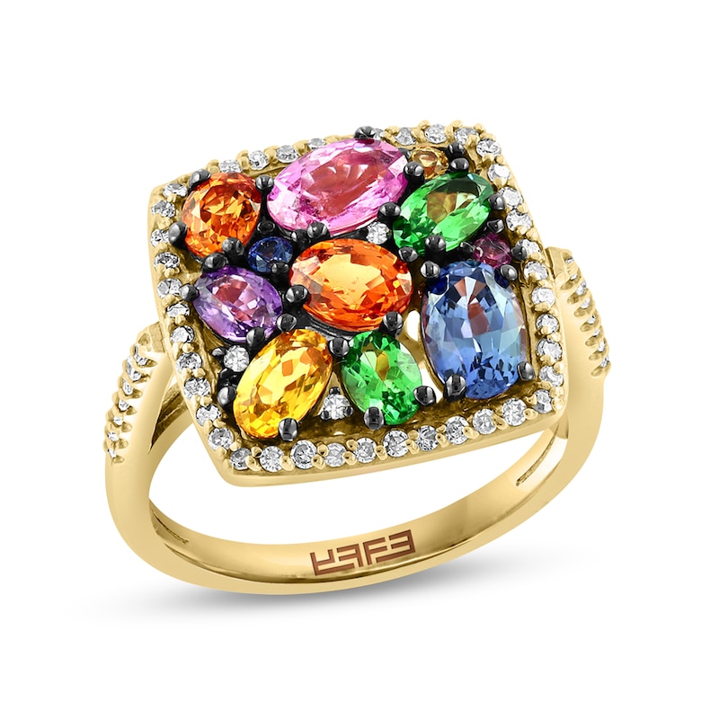 Main Image 1 of EFFY™ Collection Multi-Gemstone and 1/3 CT. T.W. Diamond Cushion Frame Ring in 14K Gold