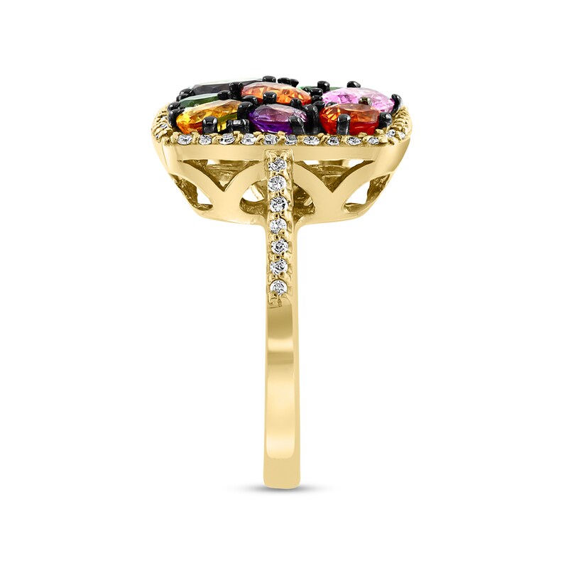Main Image 2 of EFFY™ Collection Multi-Gemstone and 1/3 CT. T.W. Diamond Cushion Frame Ring in 14K Gold