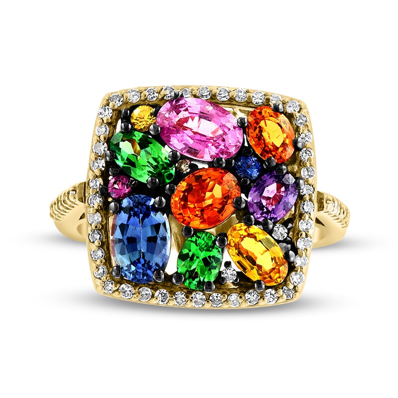 Main Image 4 of EFFY™ Collection Multi-Gemstone and 1/3 CT. T.W. Diamond Cushion Frame Ring in 14K Gold