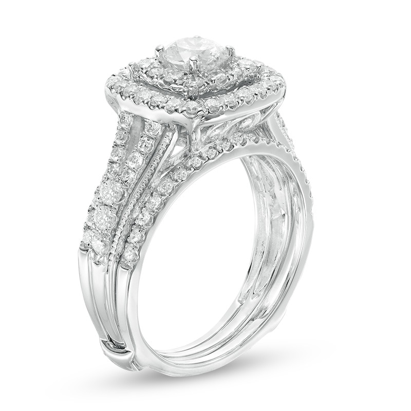 Main Image 2 of 1-1/2 CT. T.W. Diamond Double Square Frame Split Shank Bridal Set in 14K White Gold