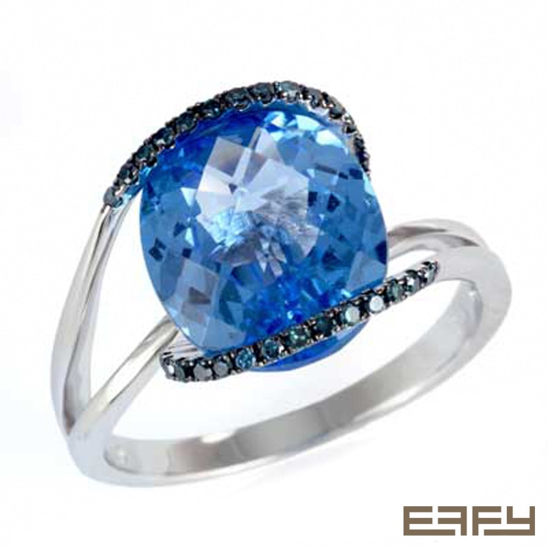Main Image 1 of EFFY™ Collection Oval Blue Topaz and 1/6 CT. T.W. Enhanced Blue Diamond Ring in 14K White Gold