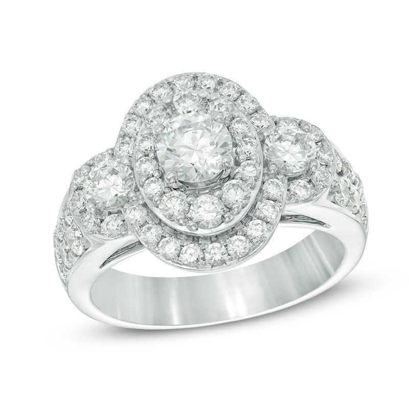 Main Image 1 of Celebration Ideal 2 CT. T.W. Certified Diamond Layered Oval Frame Three Stone Ring in 14K White Gold (I/I1)