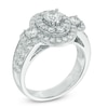 Thumbnail Image 2 of Celebration Ideal 2 CT. T.W. Certified Diamond Layered Oval Frame Three Stone Ring in 14K White Gold (I/I1)