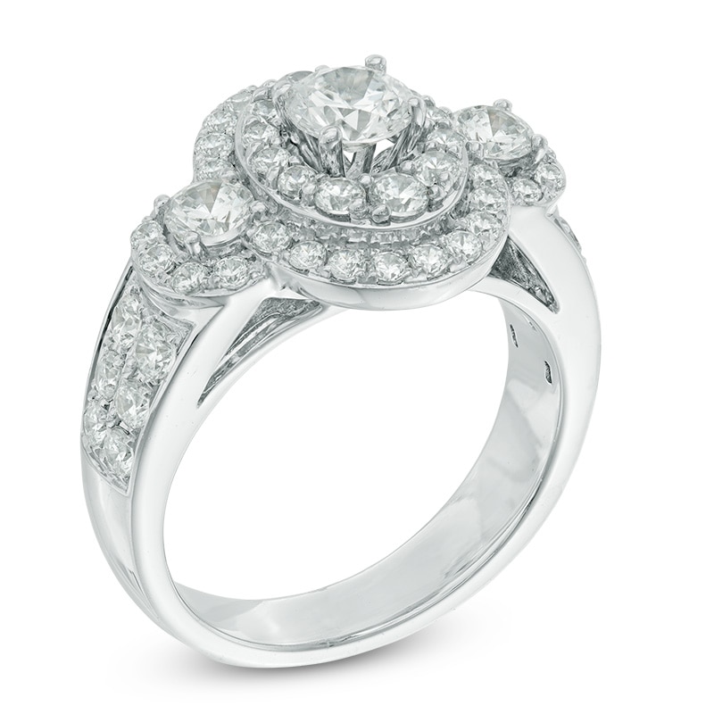 Main Image 2 of Celebration Ideal 2 CT. T.W. Certified Diamond Layered Oval Frame Three Stone Ring in 14K White Gold (I/I1)