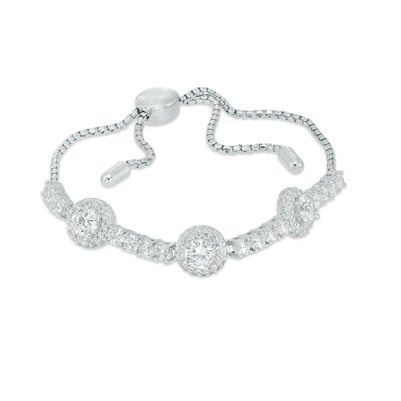Main Image 1 of Lab-Created White Sapphire Frame Three Stone Bolo Bracelet in Sterling Silver - 9.0"