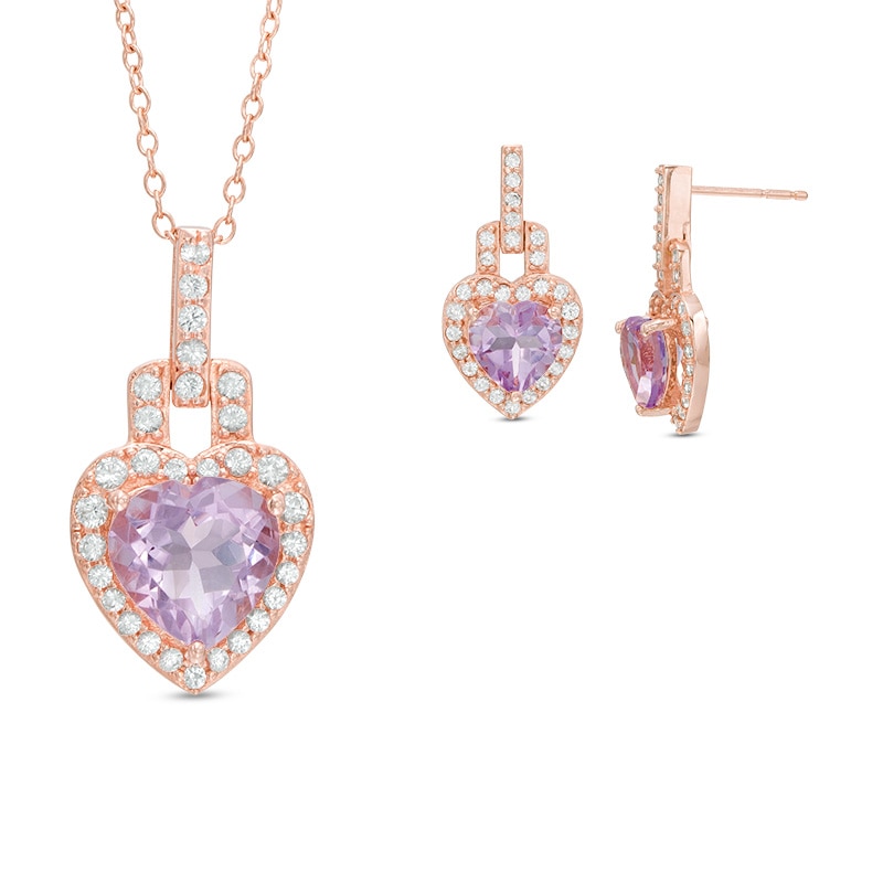 Main Image 1 of Heart-Shaped Amethyst and Lab-Created White Sapphire Pendant and Earring Set in Sterling Silver and 18K Rose Gold Plate