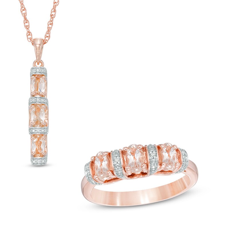 Main Image 1 of Oval Morganite and Diamond Accent Three Stone Pendant and Ring Set in Sterling Silver with 10K Rose Gold Plate - Size 7