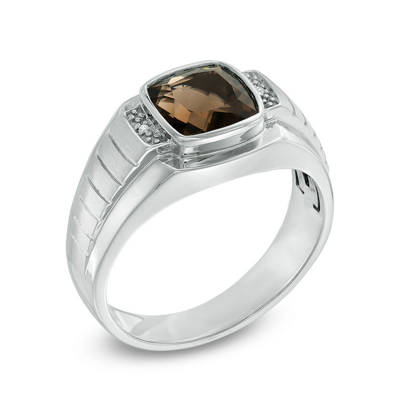 Main Image 2 of Men's 8.0mm Cushion-Cut Smoky Quartz and Diamond Accent Raised Triple Row Ring in Sterling Silver