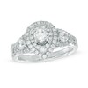 Thumbnail Image 0 of Celebration Ideal 1-1/5 CT. T.W. Diamond Layered Teardrop Frame Three Stone Ring in 14K White Gold (I/I1)