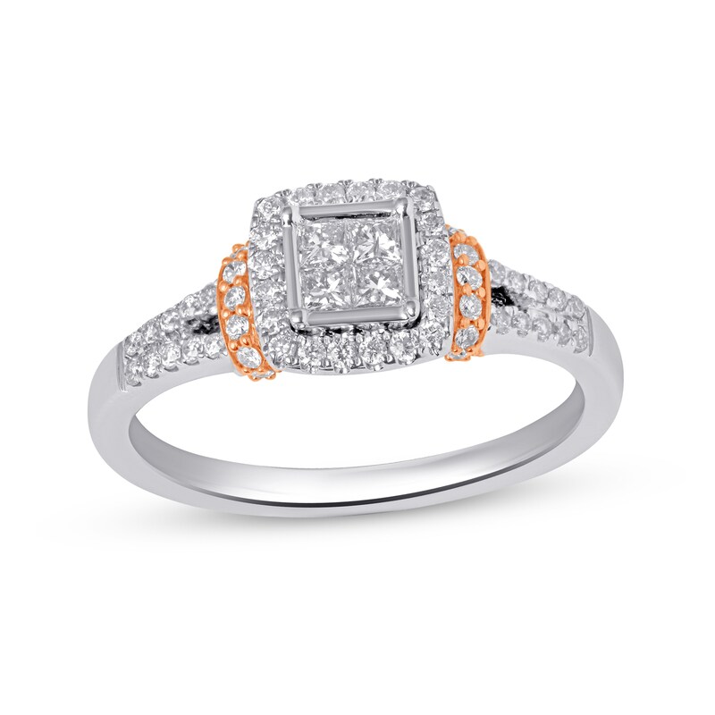 Main Image 1 of 1/2 CT. T.W. Princess-Cut Quad Diamond Frame Collar Split Shank Ring in 10K Two-Tone Gold
