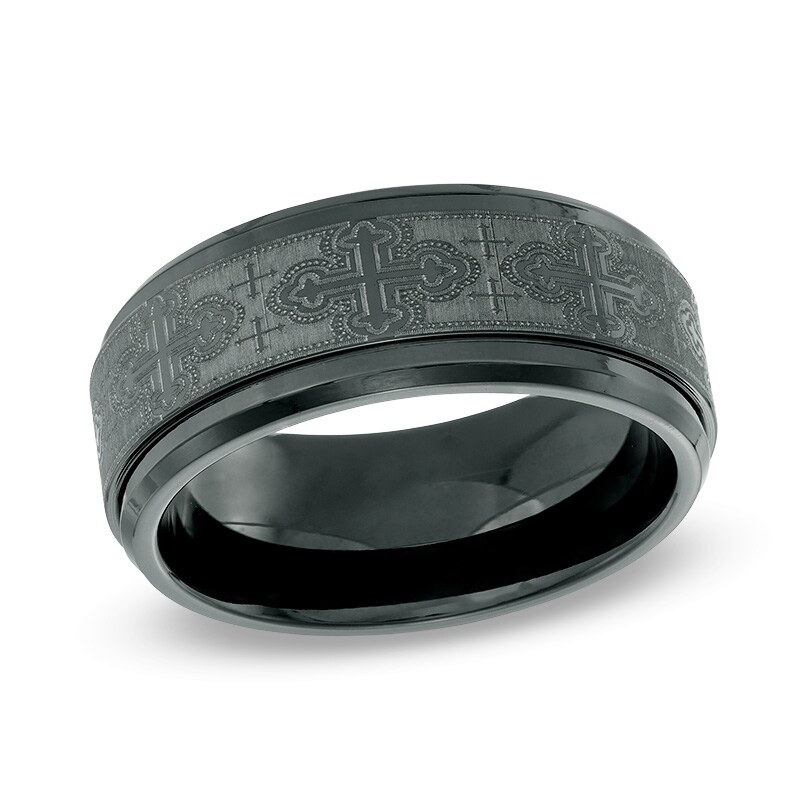 Main Image 1 of Men's 9.0mm Scrolled Cross Pattern Comfort Fit Black Titanium Wedding Band - Size 10