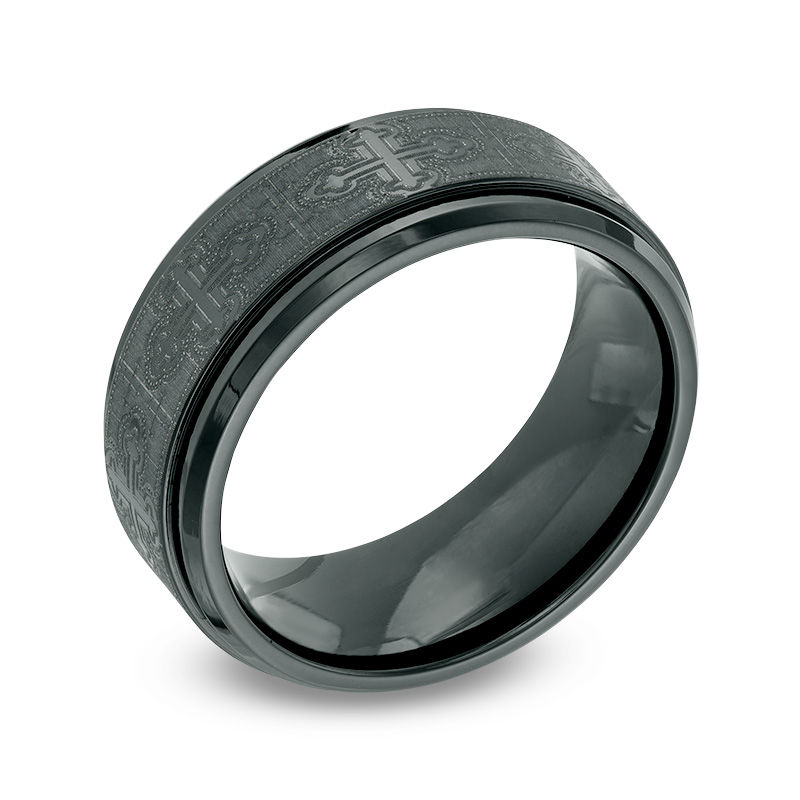 Main Image 2 of Men's 9.0mm Scrolled Cross Pattern Comfort Fit Black Titanium Wedding Band - Size 10