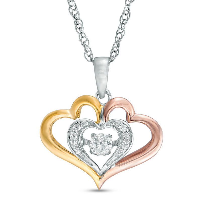 Main Image 1 of 1/10 CT. T.W. Diamond Three Heart Pendant in 10K Tri-Tone Gold