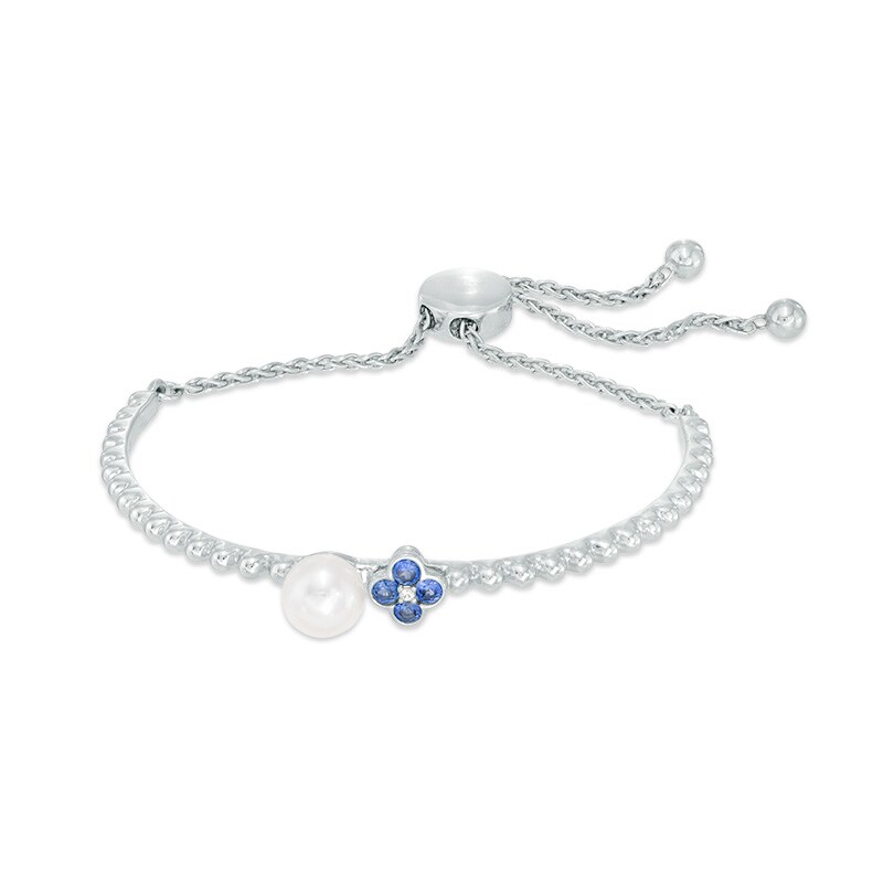 Main Image 1 of Freshwater Cultured Pearl and Lab-Created Blue and White Sapphire Flower Bolo Bracelet in Sterling Silver-9.0"